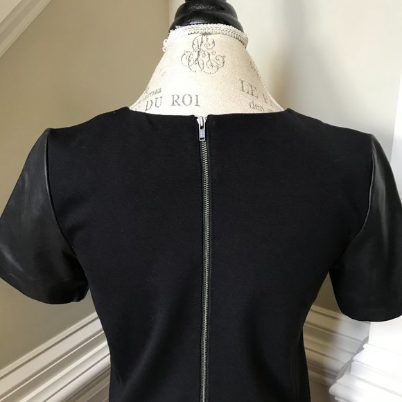 Halogen Leather Ponte Knit Shift Dress Womens Small Black Short Sleeve Crew Neck - Picture 12 of 13